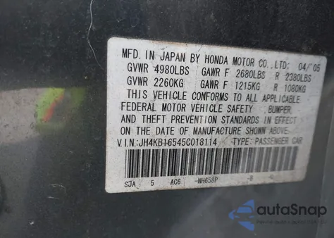 2005 Acura Rl 3.5 z USA, uszkodzony, nr VIN JH4KB16545C018114